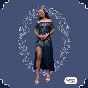 Just Me Navy Off-Shoulder Lace High-Low Dress